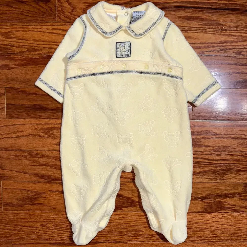 Vintage 90s McBaby Yellow Terry Teddy Bear One Piece Footie Jumpsuit Size 3/6M